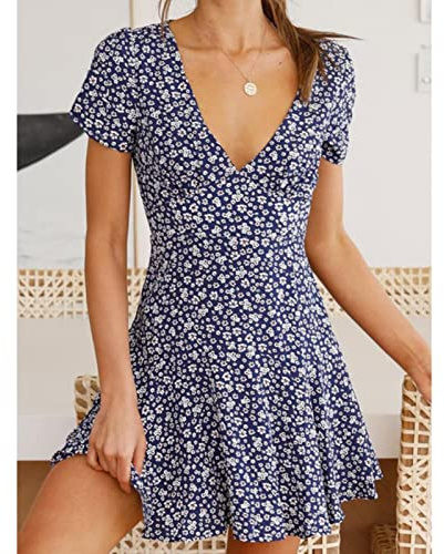 CHOUX Femme Robe Été V-Neck Taille Haute Robe Courte pour Fête Vacances Décontractée Lady Slim Fit Mini Robe Évasée A-Line Fleurs/Points-Fleurs Bleues,S