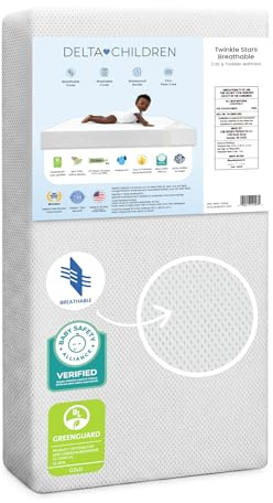 Delta Children Twinkle Stars Crib and Toddler Mattress with Breathable, Removable Machine-Washable Cover - GREENGUARD Gold - Waterproof Baby Bed - Sustainably Sourced Fiber Core - 52”Lx27.5”W, White