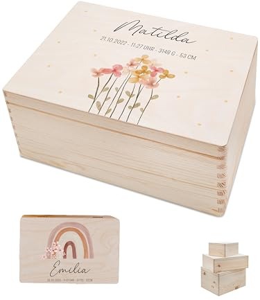 Bärenfreunde - Personalisierte Erinnerungsbox Baby mit Spezial-Druck - Individuelle Baby Erinnerungsbox - Erinnerungskiste aus Holz - Geschenk zur Geburt (S | Klappdeckel,Blumen Punkte)