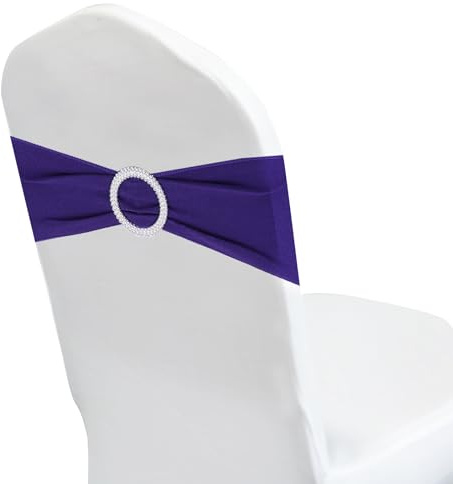 PATIKIL Lazo de Silla, 50 Piezas Banda de Cubierta de Silla Elástica con Hebilla Plateada Deslizante para Decoración de Fiesta, Boda, Banquete, Color Morado Oscuro