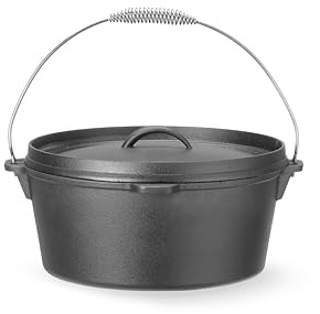 HENDI Olla de hierro fundido con tapa y asa, apta para fuego abierto, horno, cocina de gas, inducción, eléctrica y vitrocerámica, 7,2L, ⌀310x(H)130mm