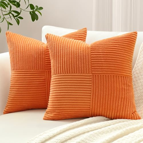 Sungeek 2er Set Cord Kissenbezüge, Kreuz Streifen Muster Kordsamt Kissenbezug Sofakissen Dekokissen Patchwork Design Deko Zierkissenbezüge Kissenhülle für Wohnzimmer (50x50cm, Orange)