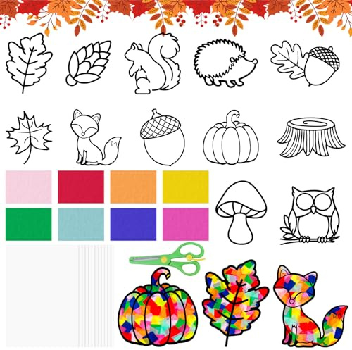 Draupnir 12 Pièces Kit de Création Automnal pour Enfants, Créatifs Kit De Bricolage Automne Enfants, animaux, feuilles d'érable, images de fenêtre pour Thanksgiving, Halloween, cadeaux pour enfants