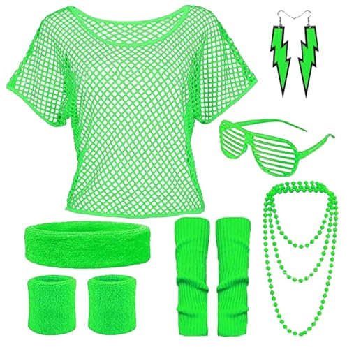 80er 90er Jahre Damen Outfit Set, Netzoberteil Neon Kostüm Karneval Outfit | Grün Neon Netzoberteil Beinwärmer Brille Netzhandschuhe Halskette Ohrring, Schlagerparty Mottoparty Aerobic Cosplay