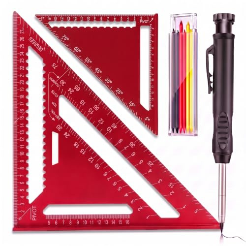 Multifonctionnel Équerre Menuisier, Manillefu 2 pièces 180 mm et 300 mm & Rapporteur d'angle 0-90° avec crayon de construction, équerre combinée en alliage d'aluminium pour bricolage,travail du bois