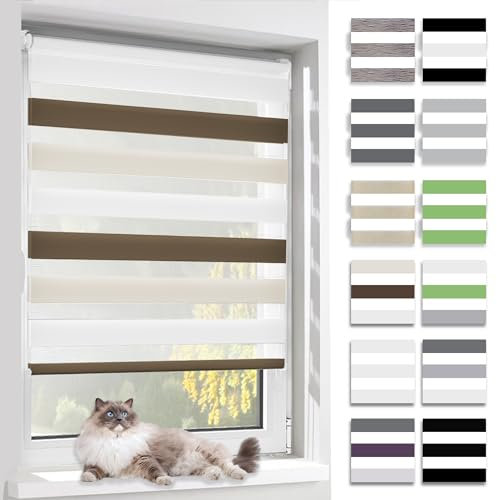 BelleMax Doppelrollo Klemmfix ohne Bohren & mit Bohren, Weiß Creme Braun 50x150cm(BxH), Duo Rollo, Sonnenschutz lichtdurchlässig Blickdicht, Klemmrollo Fensterrollo, Rollos für Fenster und Tür