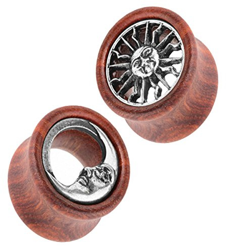 Piersando 1 Paar Ohr Plug Flesh Tunnel Piercing Ohrpiercing Organic Double Flared Holz mit Sonne und Mond Inlay 8mm