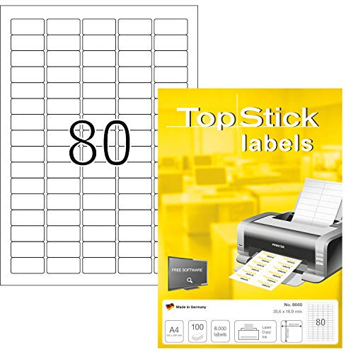 TopStick 8660 universella etiketter A4 mini (35,6 x 16,9 mm, 100 ark, papper, matt) självhäftande, utskrivbara, permanenta adressetiketter, 8 000 klistermärken, vit