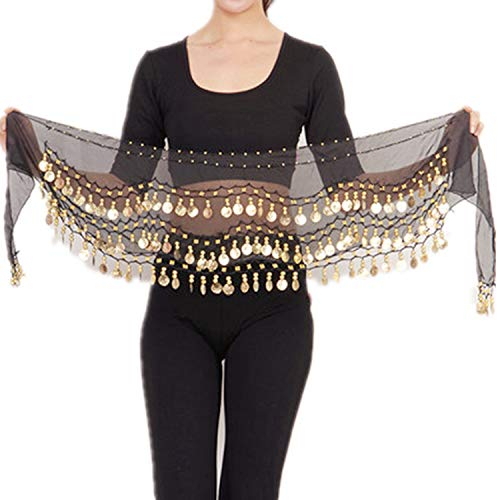 PPX Belly Dance Bauchtanz Hüfttuch Kostüm 128 Goldfarbenen Münzen Münzgürtel Gürtel in Schwarz (Schwarz)