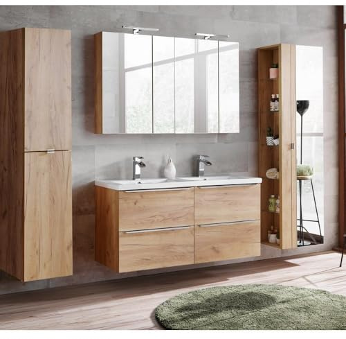 Lomadox Komplett Badmöbel Set mit Doppel-Waschtisch inkl. Doppel-Keramikbecken 120cm, Wotaneiche & Hochglanz weiß, inkl. LED-Spiegelschrank
