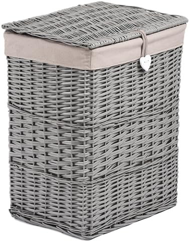 Premium Grey Paint Wicker Laundry Basket Cotton Lining With Lid Bathroom Storage (Grey, Small)