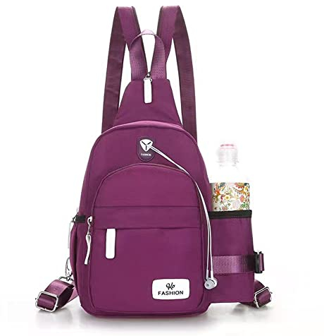 JIAQI Backpack Nylon Shoulder Bag Chest Crossbody Sling Bag With Water Bottle Holder for Men Women Hiking Camping Sports Chest Bag Purple