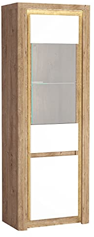 Mirjan24 Vitrine Cylika CI04, Standvitrine mit LED Beleuchtung, Grifflosem Öffnen, Gedämpftem Schließsystem, Vitrinenschrank, Mehrzweckschrank, Glasvitrine für Wohnzimmer (Ribbeck/Ribbeck + Weiß)