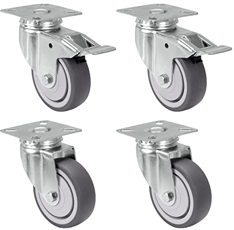 PRIOstahl Transportrollen mit Bremse klein 75mm Rollen für Möbel 4 Rollen Set - bis zu 60Kg pro Rad Möbelrollen Lenkrollen Gummi für Palettenmöbel Schrank Transportroller oder Transportboxen Rollbrett