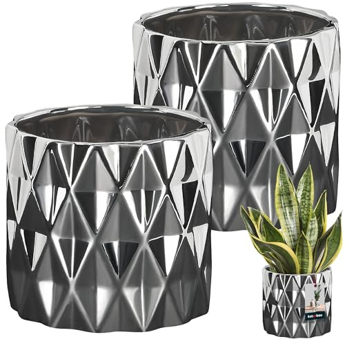 KOTARBAU® Set di 2 vasi da fiori in ceramica smaltata, colore argento