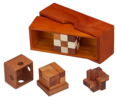 Relaxdays 10039166 Knobelspiele Set, Holz, 3 Denksport Puzzle, mit Box, Geduldspiele für Erwachsene & Kinder, Holzknobelei, braun