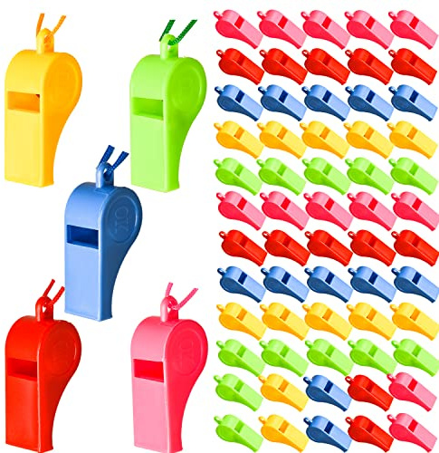 Lezevn 60 Pieces Neon Whistles with Lanyards Plastic Multicolor Whistles Sports and Kids Party Bag Fillers (60)