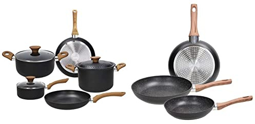 Tognana Rock In Wood Batteria 8 Pezzi, Nero & Set 3 padelle 20-24-28 cm, Alluminio, anche a Induzione, Nero