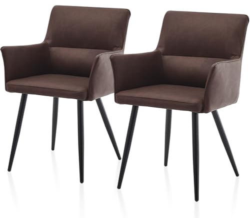 TUKAILAI Esszimmerstühle 2er-Set aus Kunstleder, Küchenstuhl mit Armlehnen, Rückenlehne, Metallbeine, Freizeit Polsterstuhl Wohnzimmer-Sessel für Esszimmer Küche Empfang Modern, Braun