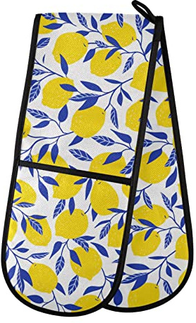 Double Oven Glove Yellow Lemon Pattern Heat Resistant Double Ovens Mitt Modern Cooking Gloves Potholders