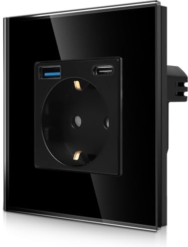 CNBINGO Einzelsteckdose Unterputz, 1x USB-A/C Schnellladen, Glas Schwarz | Schuko Steckdose mit 20W Schnellladen USB-Anschluss, 1-Fach Wandsteckdose Kindersicherung, Horizontal/ Vertikal, Glasrahmen