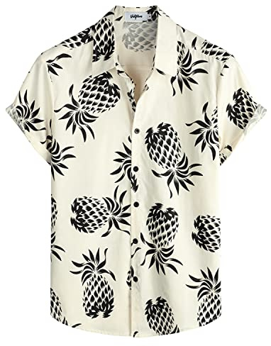VATPAVE Mens 100% Cotton Hawaiian Shirts Floral Short Sleeve Button Down Shirts Summer Beach Shirts XX-Large Beige Pineapple