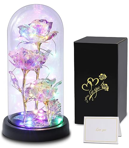 Touloube Galaxy Rose for Her, Light Up Rose Flowers, Artificial Flower Rose Gift for Women Mom Wife Lover Daughter, Rose Flower in Glass Dome Present for Wedding, Birthday, Anniversary