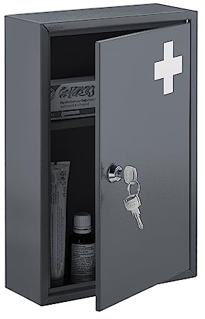 Relaxdays Medizinschrank, abschließbar, 2 Fächer, HxBxT: 32 x 21,5 x 9,5 cm, für Medikamente, Arzneischrank, grau/weiß