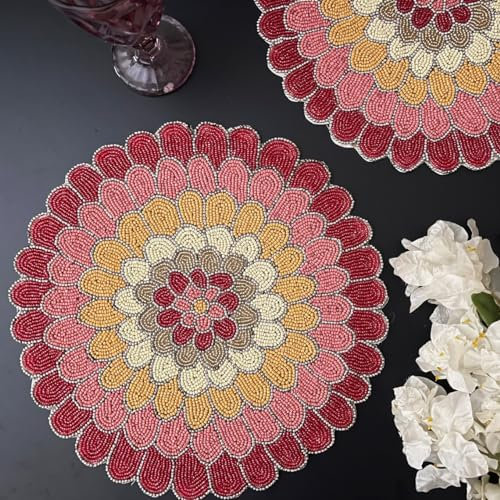 Enliven Handmade Beaded placemat, Floral tablemat red Pink Yellow, 14 inch, Charger Plate