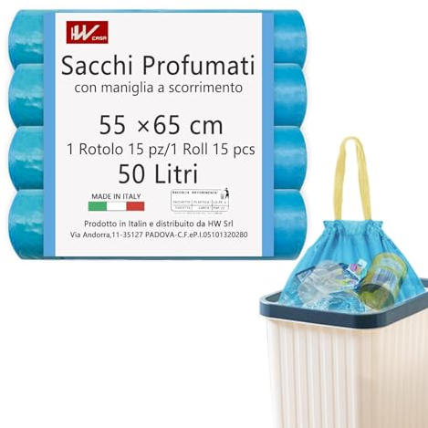 HW Sacchetti Spazzatura 55x65CM, Profumo Talco con Maniglia a Scorrimento,50L-4 Rotoli Da 60 Pezzi Sacco per la Raccolta Differenziata Riciclabile per Cucina, Bagno, Bidone Medio (BLU)