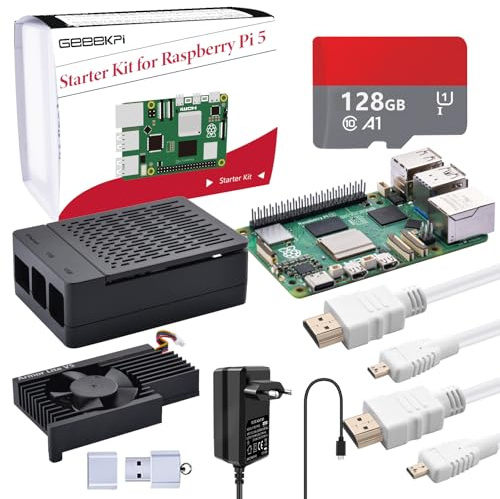 GeeekPi Starter Kit per Raspberry Pi 5 con 8GB RAM e scheda SD 128GB, Pi 5 ABS con raffreddamento attivo Armor Lite V5, alimentatore USB-C 27W