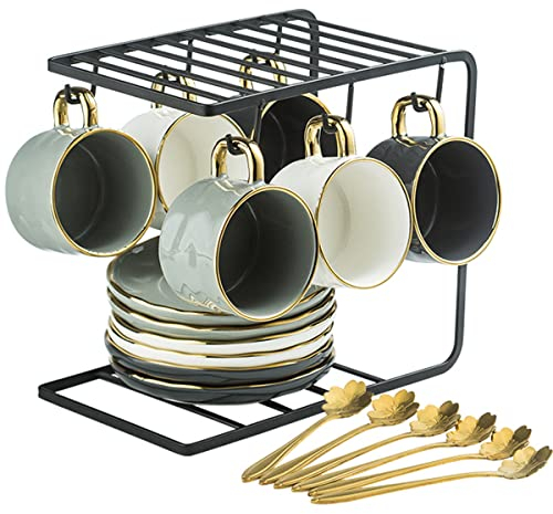 FOTN Lot de 6 tasses à café expresso en porcelaine avec soucoupes, cuillères et support en métal, 237 ml, tasses royales de luxe pour latte, café, moka, cappuccino, bordure dorée, thé de l'après-midi