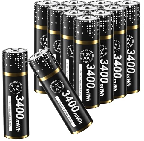 12 Pilas AA Recargables de Litio/3400 mWh - Baterías Recargables AA de Alta Capacidad, Carga Rápida 1200 Veces Ciclo Largo y a Prueba de Fugas
