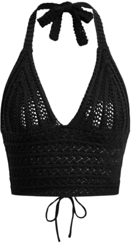 Naileksi Top da Donna con Lacci Senza Schiena, all'Uncinetto, Crop Top Y2k, Slim Fit, Senza Maniche, Scollo a V, Retro con Lacci, Canotta, Nero, M