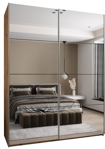 MEBLE KRYSPOL LUX 2 Schrank, 2 Schiebetüren mit Spiegel, geräuschlos schließend - System HETTICH Topline L - für Wohnzimmer, Schlafzimmer - 245,5x200x64cm - Artisan, Schwarz, Silber