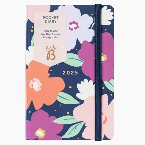 Busy B - Taschenkalender von Januar bis Dezember 2025 - Marineblau Gänseblümchen A5 Wochenübersicht Planer mit Raum für Notizen