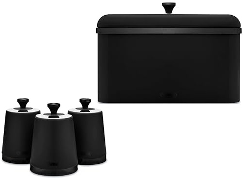 Tower Sera Black Breadbin & Tea, Coffee, Sugar Canisters. Contemporary Matching Kitchen Storage Set in Black with Smoked Trim