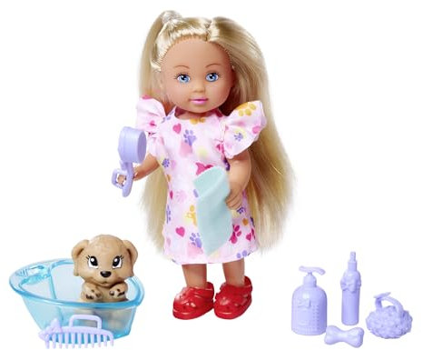 Simba Evi Love Dog Bath, Spielpuppe mit Hund, der Schmutz an seinen Pfoten hat, inkl. Badewanne und Handtuch, 8 Teile, Zubehör, 12cm, ab 3 Jahren