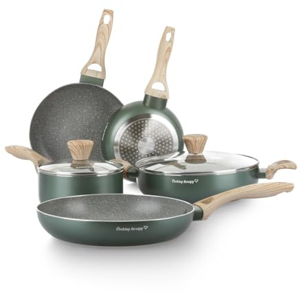 KASANOVA Batteria pentole 7 pezzi Cooking Therapy, Set pentole induzione e padelle antiaderenti, Batteria cucina completa con scritta al laser e manici effetto legno