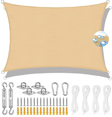 Grande tenda parasole quadrata 5,5 x 5,5 m, con protezione, ideale per giardino, cortile, spiaggia, piscina, terrazza e balcone, include corda inclusa, colore beige