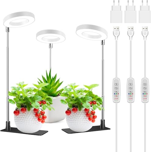 Kullsinss Pflanzenlampe LED Vollspektrum, Höhenverstellbares Kleine Grow Light mit Abnehmbare Basis, 3/9/12H Auto Timer, 10 Helligkeit, 3 Lichtmodi, 48 LEDs Pflanzenlicht für Zimmerpflanzen (3 Stück)