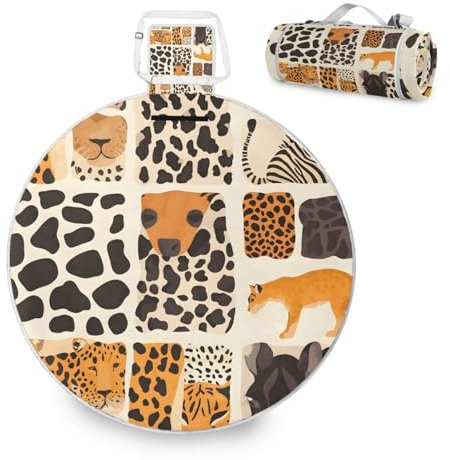 Mnsruu Große Picknickdecke, Tierhaut, Leopard, Zebra, Tiger, wasserdicht, rund, Picknickmatte, tragbarer Teppich, Outdoor, für Strand, Camping, Park, Reisen, 148 cm