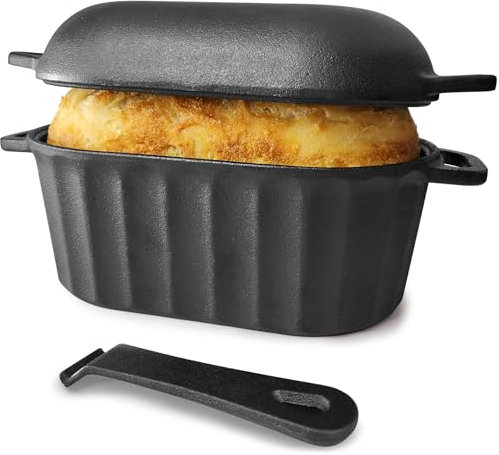FANQIEW Dutch Oven Cast Iron Bread Pan with Lid Sourdough Loaf Pans for Baking Bread Large Heavy Vegetable Oil Oval Bread Dutch Oven with Movable Handle 4 Qt Black Dishwasher Safe