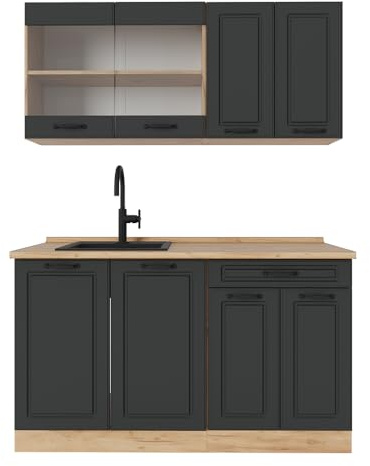 Vicco Singleküche R-Line, Anthrazit Landhaus/Goldkraft Eiche, 140 cm | 4 Module · Höhenverstellbare Füße · Ohne Arbeitsplatte · MDF-Fronten · Mit Glasschrank · Frei kombinierbar