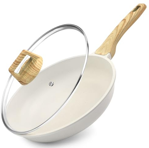 GiPP Sartén Antiadherente de Cerámica con Tapa，Sartenes para freír Saludable y No Tóxica,Compatible con Inducción,Libre de PFAS y PFOA,Apta para Lavavajillas（Blanco,24cm+Tapa）