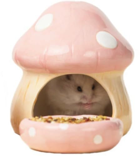DOEMTY Pilz Versteck für Hamster, Bett für Kleine Tiere, Haus für Chinchillas Und Meerschweinchen(Klein+Futternapf)