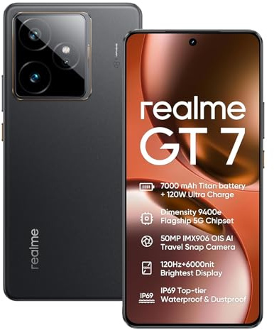 realme GT 7 5G Smartphone 12+512GB,Chip Dimensity 9400e,50MP IMX906 OIS +50MP Cámara,7000mAh Batería Titan,6.78'' 120Hz 6000nits Pantalla de Deportes Profesionales,NFC,Negro