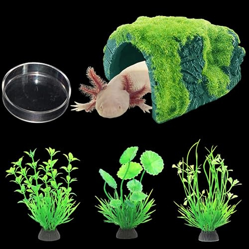 Axolotl Hides for Aquarium with Feeding Dish and Fake Plants Set, Axolotl Cave with Green Plants, Aquarium Decor, Fish Tank Decorations, Turtle Tank Accessories (Cave+Plant+Feeding Dish, L)