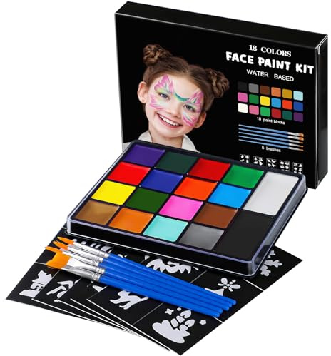 ENJSD Face Paint 18 Color Face Paints for Kids Adults, Washable Makeup Set | Water Based Non-Toxic 18 Color with 5 Brushes 30 Stencils, Washable Safe Body Painting for Halloween Makeup and Cosplay