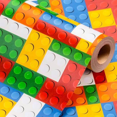 Wikadlik Wendbare Bausteine Geschenkpapierrolle - Buntes Design mit Gitter-Schnittlinien Geschenkpapier für Kindergeburtstag, Vatertag, Abschluss - 43 cm x 10 m